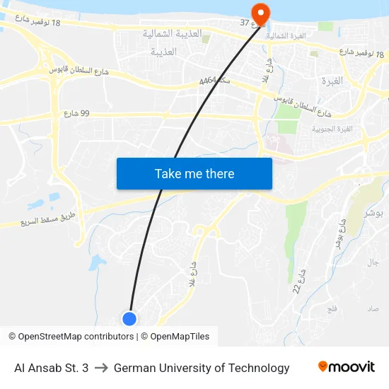 Al Ansab St. 3 to German University of Technology map