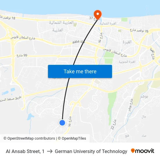 Al Ansab Street, 1 to German University of Technology map