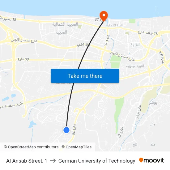 Al Ansab Street, 1 to German University of Technology map