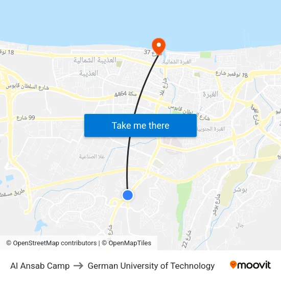 Al Ansab Camp to German University of Technology map