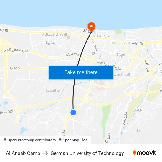 Al Ansab Camp to German University of Technology map