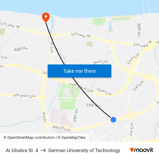 Al Ghubra St. 4 to German University of Technology map