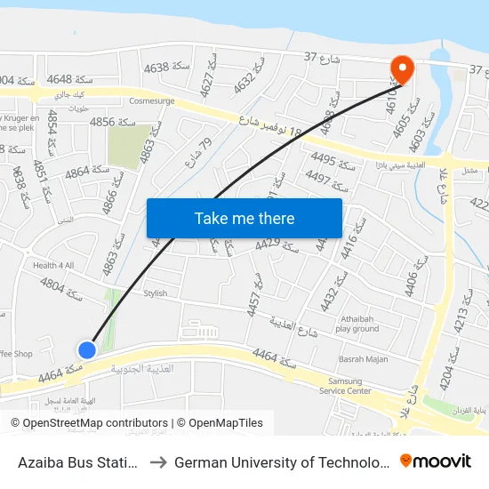 Azaiba Bus Station to German University of Technology map