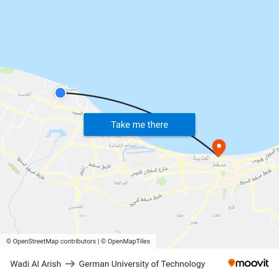Wadi Al Arish to German University of Technology map