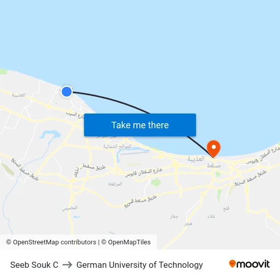 Seeb Souk C to German University of Technology map