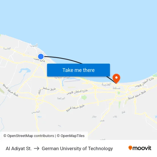 Al Adiyat Street to German University of Technology map