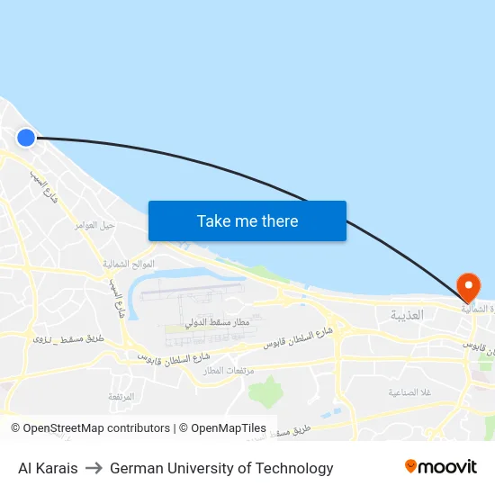 Al Karais to German University of Technology map
