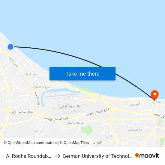 Al Rodha Roundabout to German University of Technology map