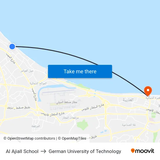 Al Ajiall School to German University of Technology map