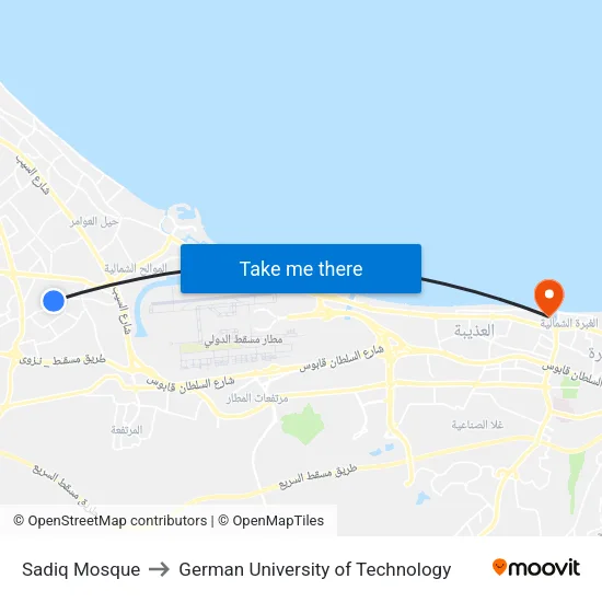 Sadiq Mosque to German University of Technology map