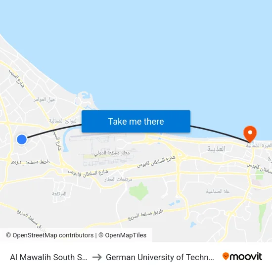 Al Mawalih South Souk to German University of Technology map
