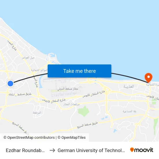Ezdhar Roundabout to German University of Technology map