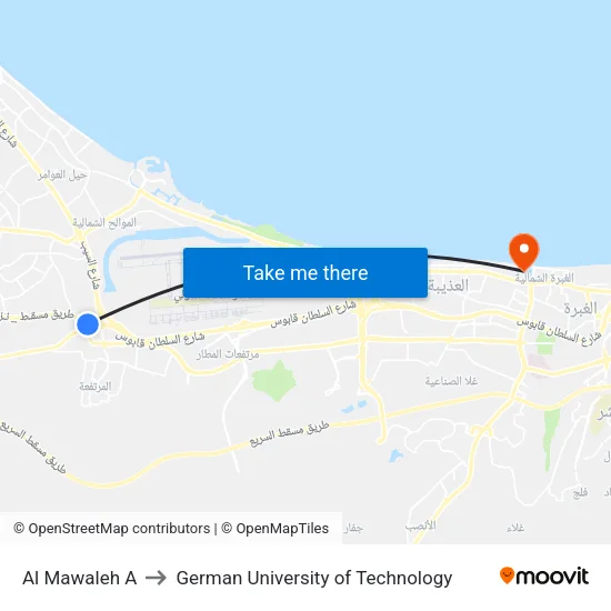 Al Mawaleh A to German University of Technology map