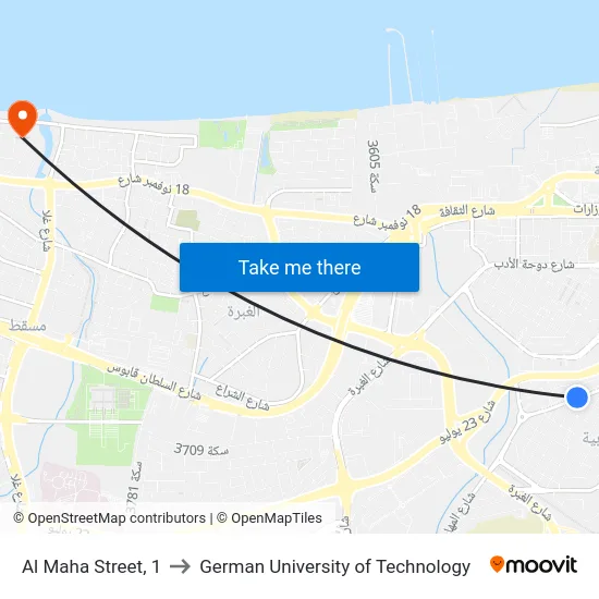 Al Maha Street, 1 to German University of Technology map