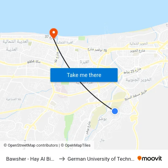 Bawsher - Hay Al Bidha'A to German University of Technology map