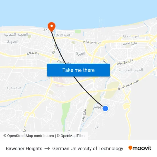 Bawsher Heights to German University of Technology map