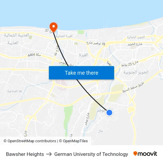Bawsher Heights to German University of Technology map