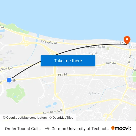 Oman Tourist College to German University of Technology map