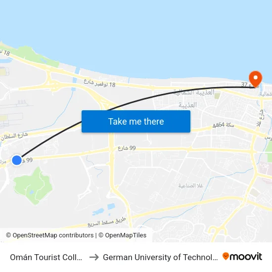 Omán Tourist College to German University of Technology map