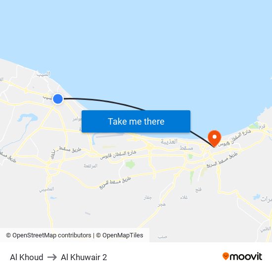 Al Khoud to Al Khuwair 2 map