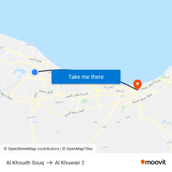 Al Khoudh Souq to Al Khuwair 2 map