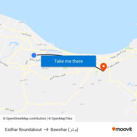 Ezdhar Roundabout to Bawshar (بوشر) map