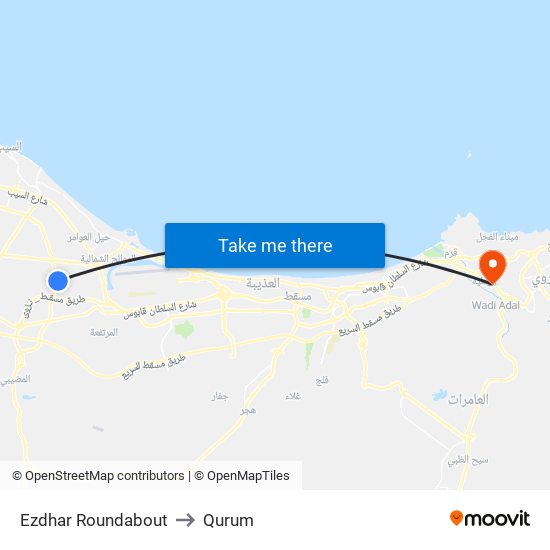 Ezdhar Roundabout to Qurum map