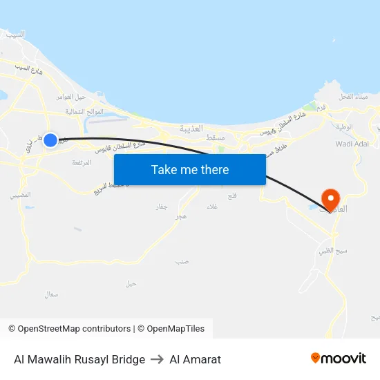 Al Mawalih Rusayl Bridge to Al Amarat map