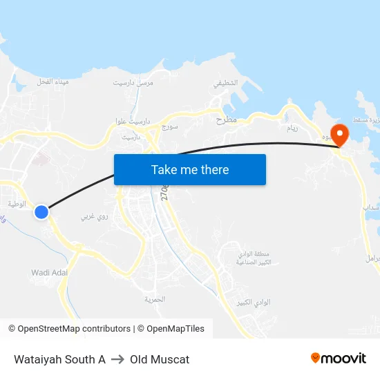 Wataiyah South A to Old Muscat map