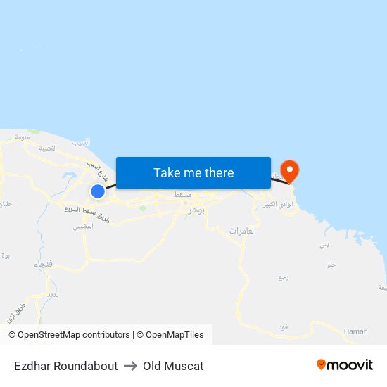Ezdhar Roundabout to Old Muscat map