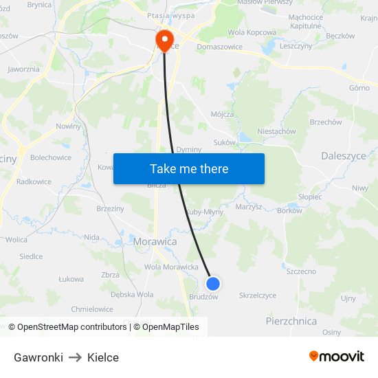 Gawronki to Kielce map