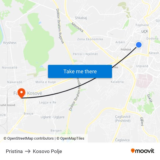 Pristina to Kosovo Polje map