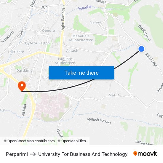 Perparimi to University For Business And Technology map