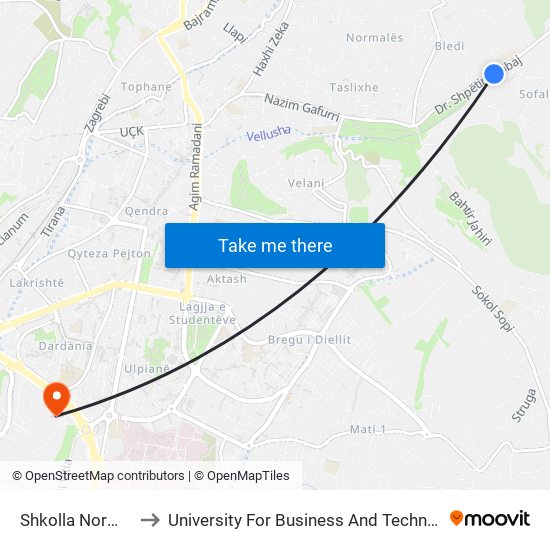 Shkolla Normale to University For Business And Technology map