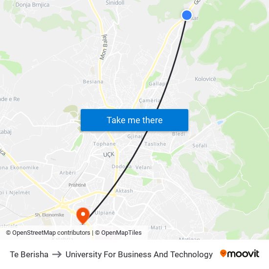Te Berisha to University For Business And Technology map