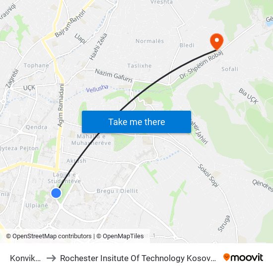 Konviktet to Rochester Insitute Of Technology Kosovo (Rit) map