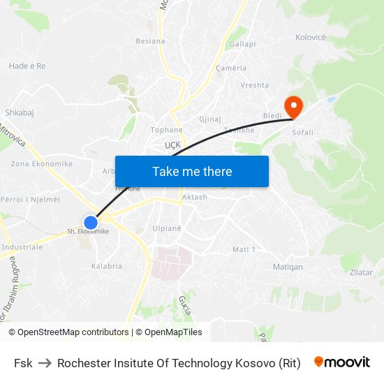 Fsk to Rochester Insitute Of Technology Kosovo (Rit) map