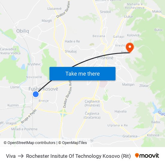 Viva to Rochester Insitute Of Technology Kosovo (Rit) map