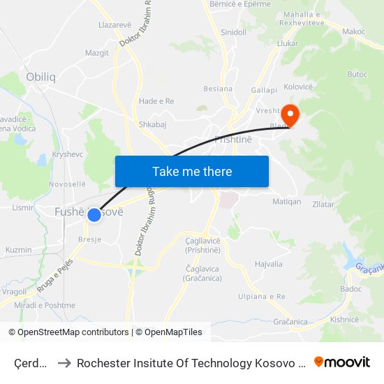 Çerdhja to Rochester Insitute Of Technology Kosovo (Rit) map