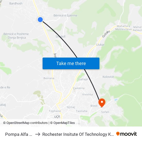 Pompa Alfa Trade to Rochester Insitute Of Technology Kosovo (Rit) map