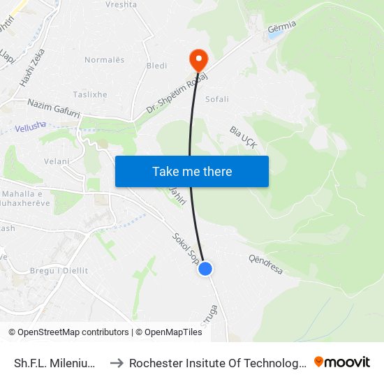 Sh.F.L. Mileniumi I Trete to Rochester Insitute Of Technology Kosovo (Rit) map