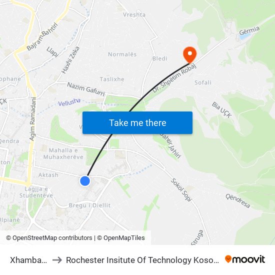 Xhambazet to Rochester Insitute Of Technology Kosovo (Rit) map