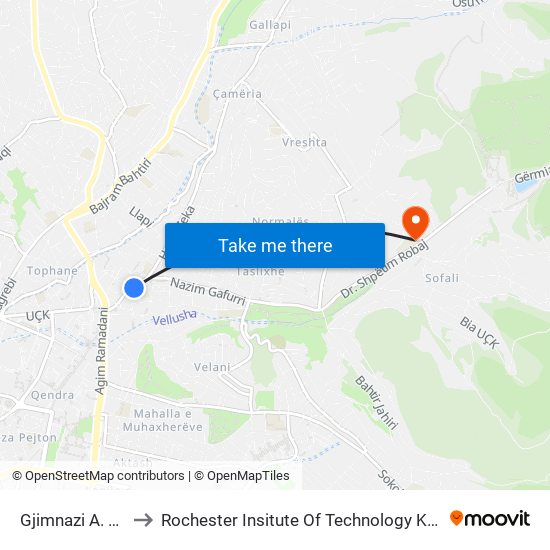 Gjimnazi A. Gashi to Rochester Insitute Of Technology Kosovo (Rit) map