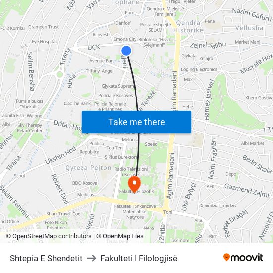 Shtepia E Shendetit to Fakulteti I Filologjisë map