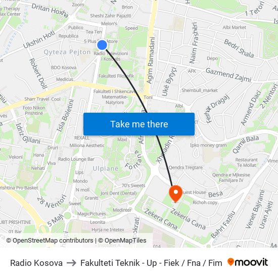 Radio Kosova to Fakulteti Teknik - Up - Fiek / Fna / Fim map
