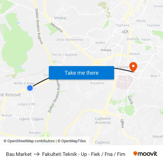 Bau Market to Fakulteti Teknik - Up - Fiek / Fna / Fim map