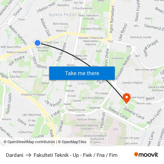 Dardani to Fakulteti Teknik - Up - Fiek / Fna / Fim map