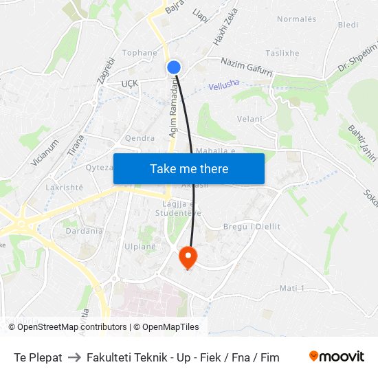 Te Plepat to Fakulteti Teknik - Up - Fiek / Fna / Fim map