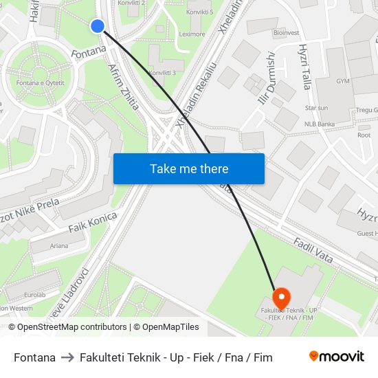 Fontana to Fakulteti Teknik - Up - Fiek / Fna / Fim map