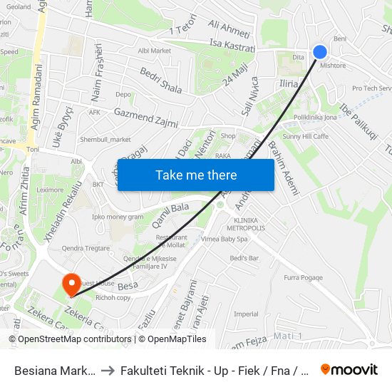 Besiana Market to Fakulteti Teknik - Up - Fiek / Fna / Fim map